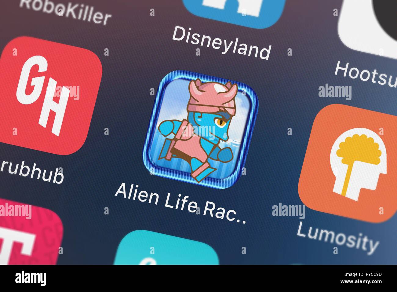 London, United Kingdom - October 26, 2018: Close-up shot of uTappz Mobile Development LLC's popular app Alien Life Race : The Anti Gravity Star Journe Stock Photo
