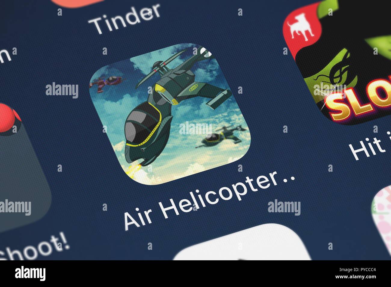 London, United Kingdom - October 26, 2018: Close-up shot of the Air Helicopter Assault Shooter - Top Sky Driving Battle Free mobile app from uTappz Mo Stock Photo