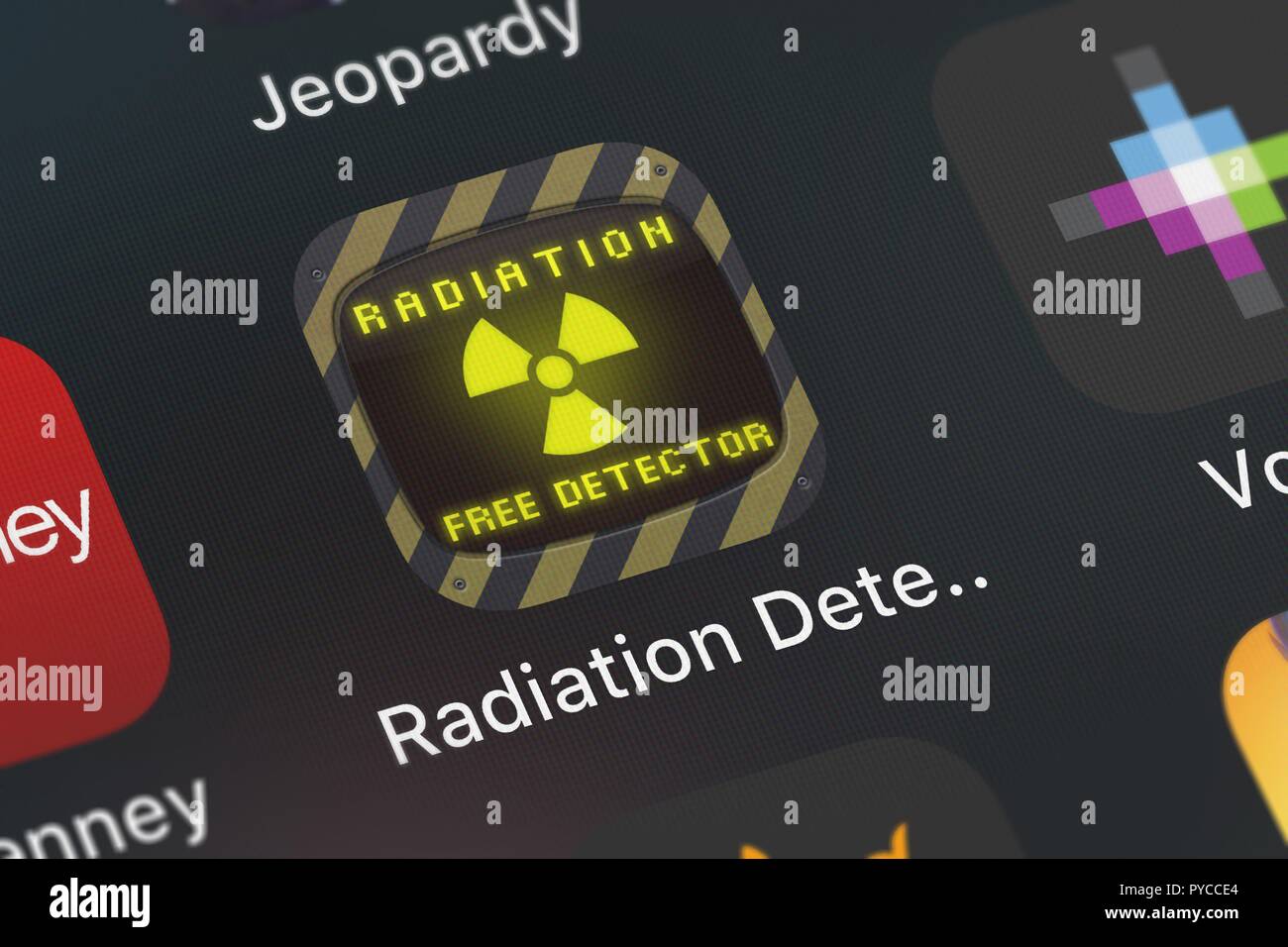 London, United Kingdom - October 26, 2018: Screenshot of the mobile app Radiation Detector Sensor - free geiger counter and meter to detect radioactiv Stock Photo