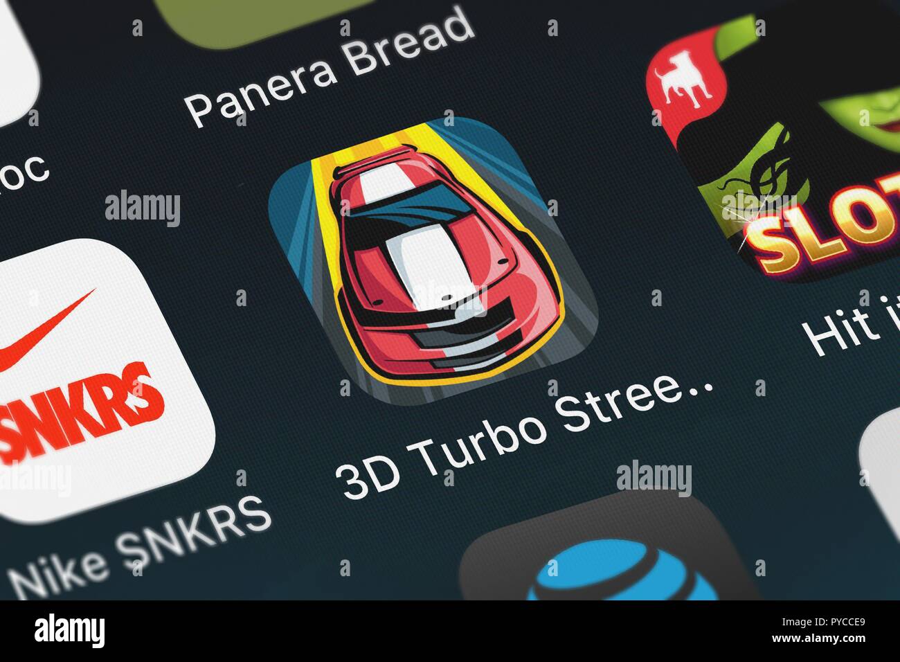 London, United Kingdom - October 26, 2018: Close-up shot of the 3D Turbo Street Racing Free application icon from uTappz Mobile Development LLC on an  Stock Photo