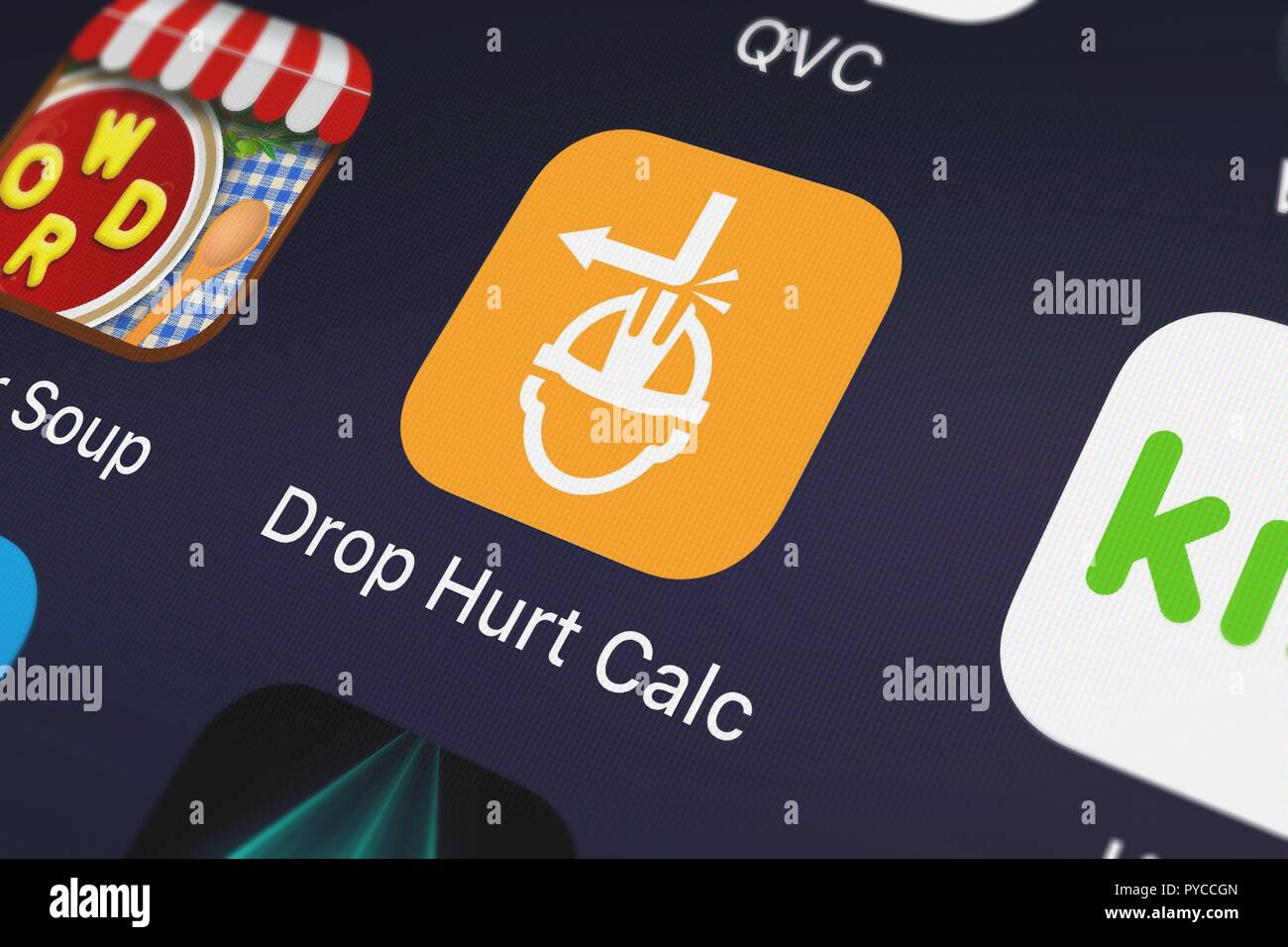 London, United Kingdom - October 26, 2018: Screenshot of the Drop Hurt Calc mobile app from Exxon Mobil Corporation icon on an iPhone. Stock Photo