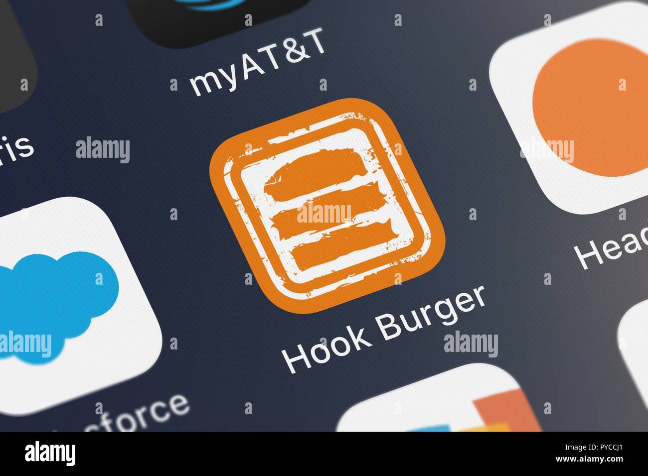 London, United Kingdom - October 26, 2018: Close-up shot of the Hook Burger mobile app from LevelUp Consulting, LLC. Stock Photo