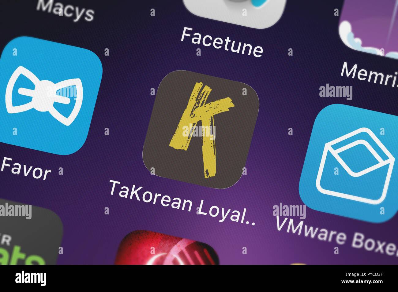 London, United Kingdom - October 26, 2018: Screenshot of the TaKorean Loyalty mobile app from LevelUp Consulting, LLC icon on an iPhone. Stock Photo