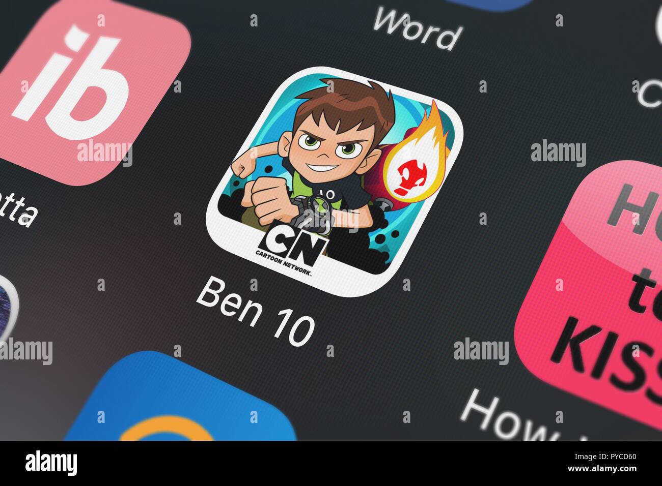 London, United Kingdom - October 26, 2018: Close-up shot of the Ben 10: Up to Speed mobile app from Cartoon Network. Stock Photo