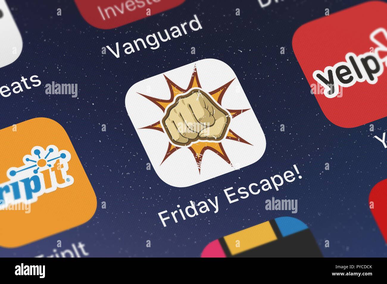 London, United Kingdom - October 26, 2018: Close-up shot of the Friday Escape mobile app from Small Success. Stock Photo