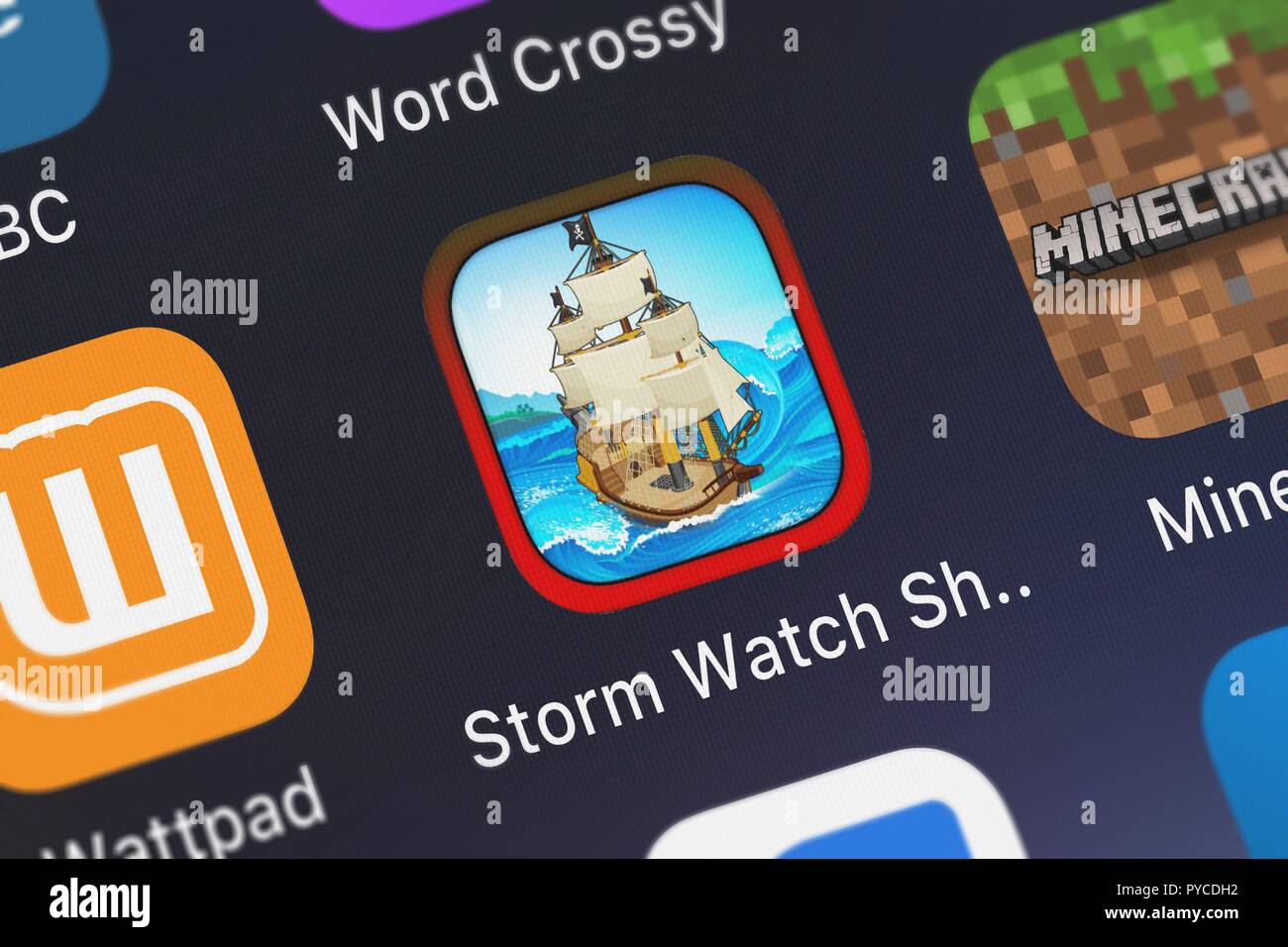 London, United Kingdom - October 26, 2018: Icon of the mobile app Storm Watch Ship - The Tornado and Hurricane Boat Chaser from Psycho Bear Studios on Stock Photo