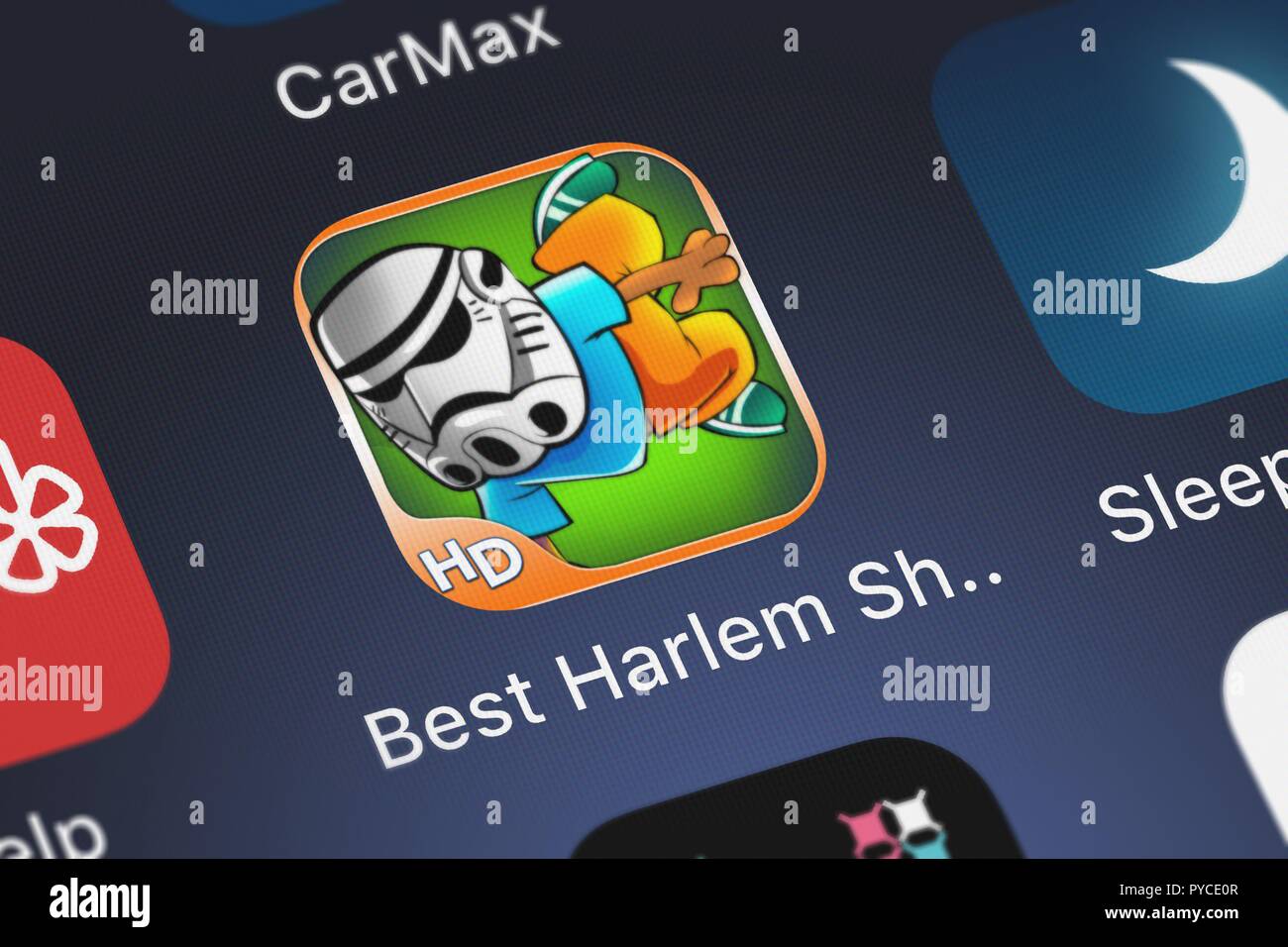 London, United Kingdom - October 26, 2018: Close-up shot of the Best Harlem Shake mobile app from Psycho Bear Studios. Stock Photo