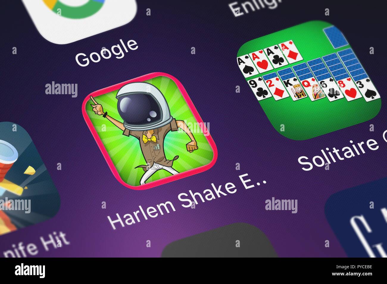 London, United Kingdom - October 26, 2018: Screenshot of the Harlem Shake EZ Video Maker mobile app from Psycho Bear Studios icon on an iPhone. Stock Photo