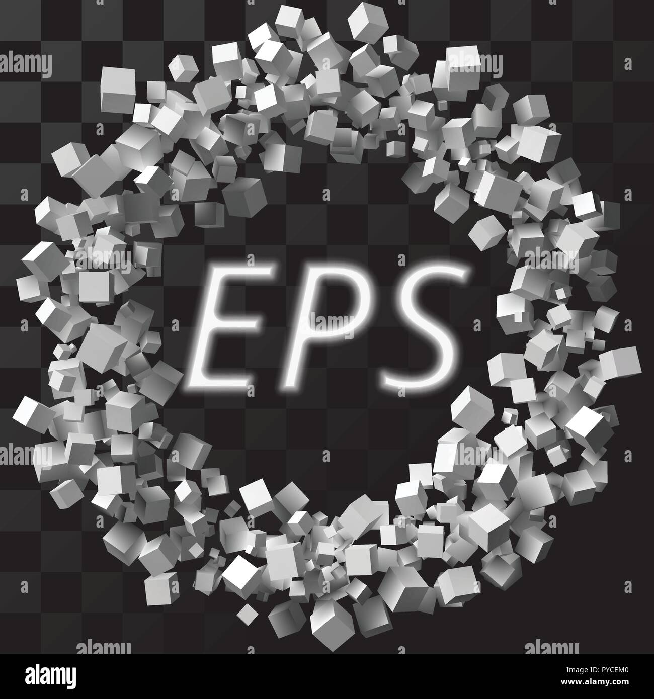 big circular frame formed by random sized cubes with transparent background. Stock Vector