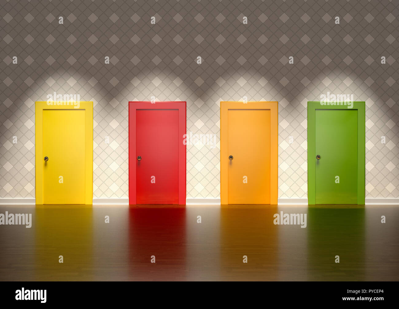 3D rendering of colored doors in a room representing the concept of choice Stock Photo