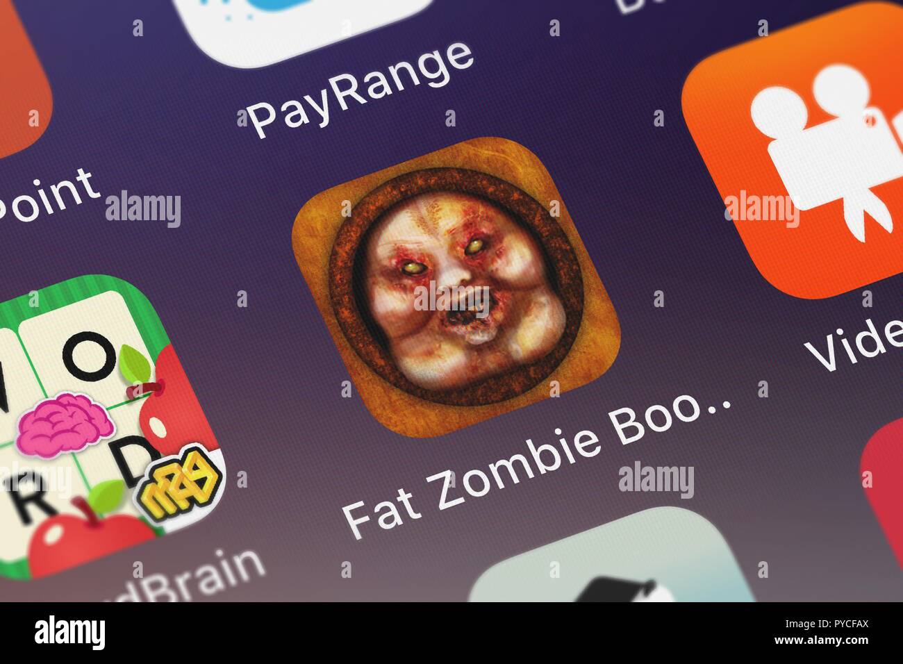 London, United Kingdom - October 26, 2018: Close-up shot of Pop-ok.com's popular app Fat Zombie Booth Lite. Stock Photo