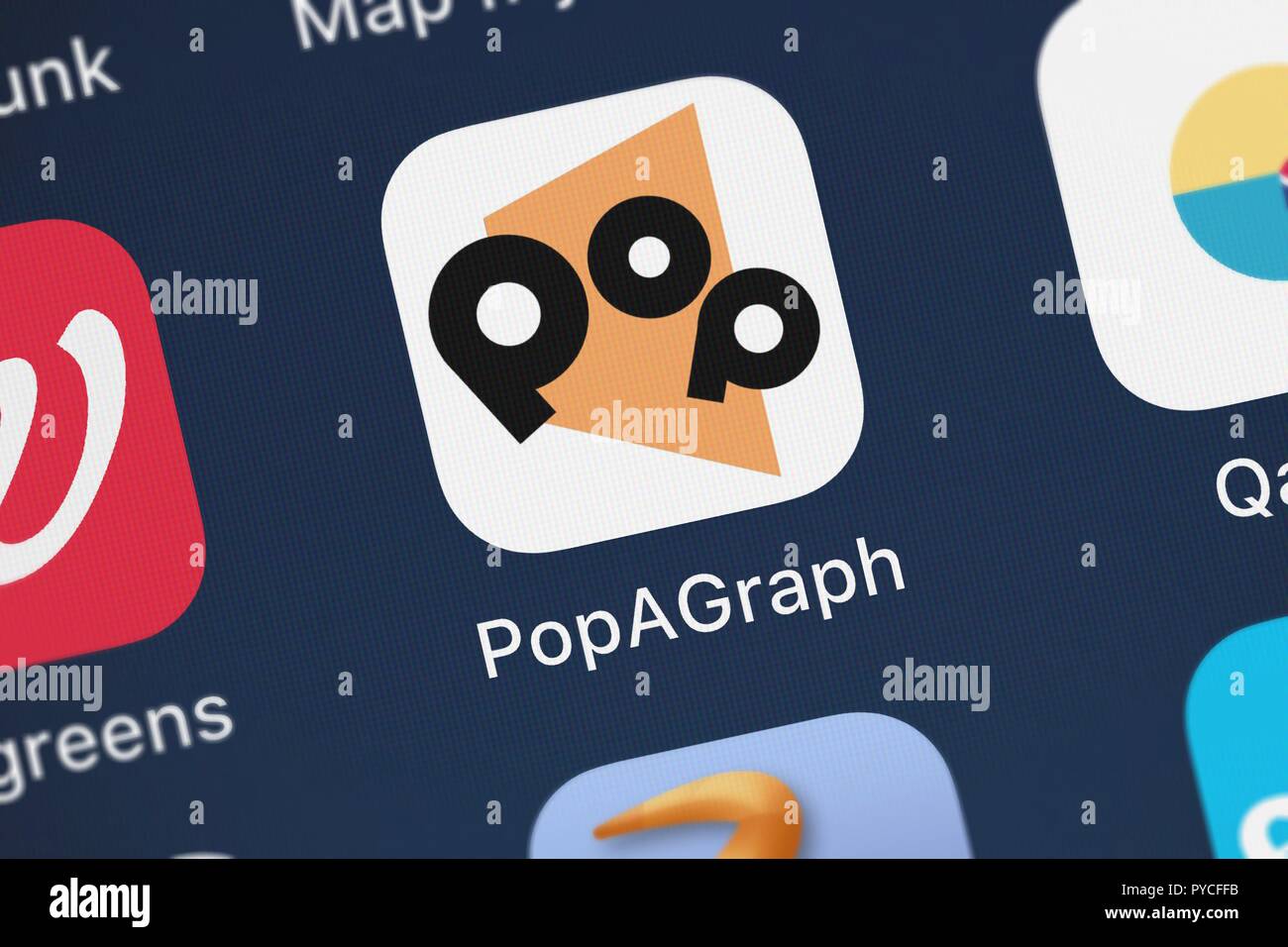 London, United Kingdom - October 26, 2018: Close-up shot of the PopAGraph mobile app from Mixcord Inc.. Stock Photo