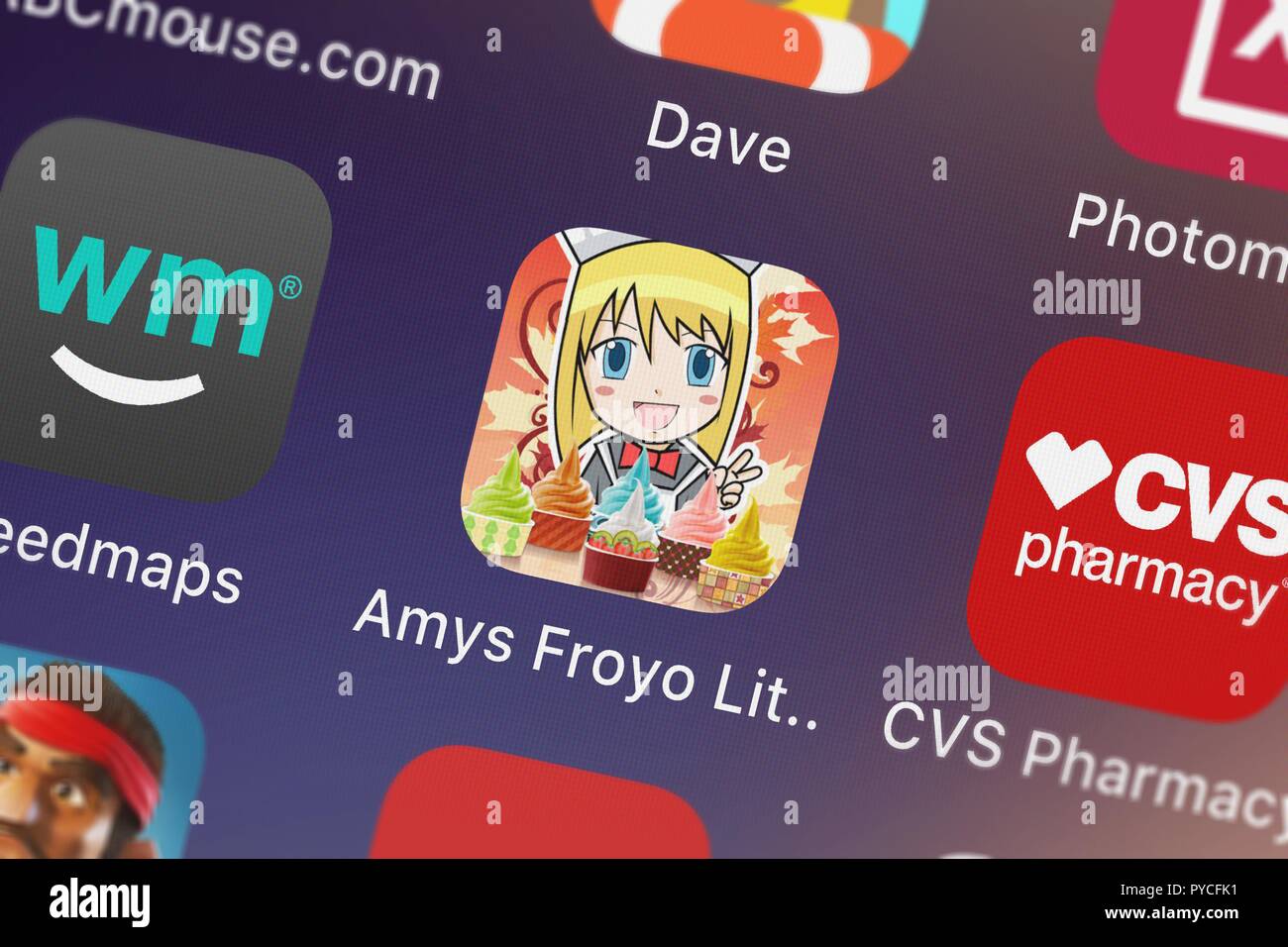 London, United Kingdom - October 26, 2018: Screenshot of the Amy's Froyo Lite - Make Froyo mobile app from Games for Friends LLC icon on an iPhone. Stock Photo