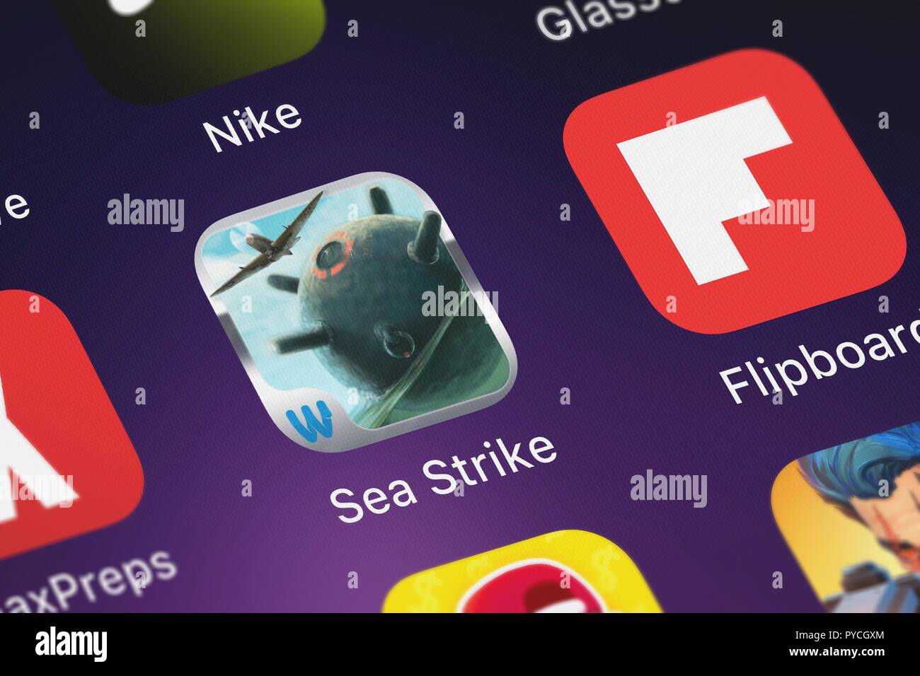 London, United Kingdom - October 26, 2018: Close-up of the Sea Strike: Lord of the Deep icon from Alawar Entertainment, Inc on an iPhone. Stock Photo