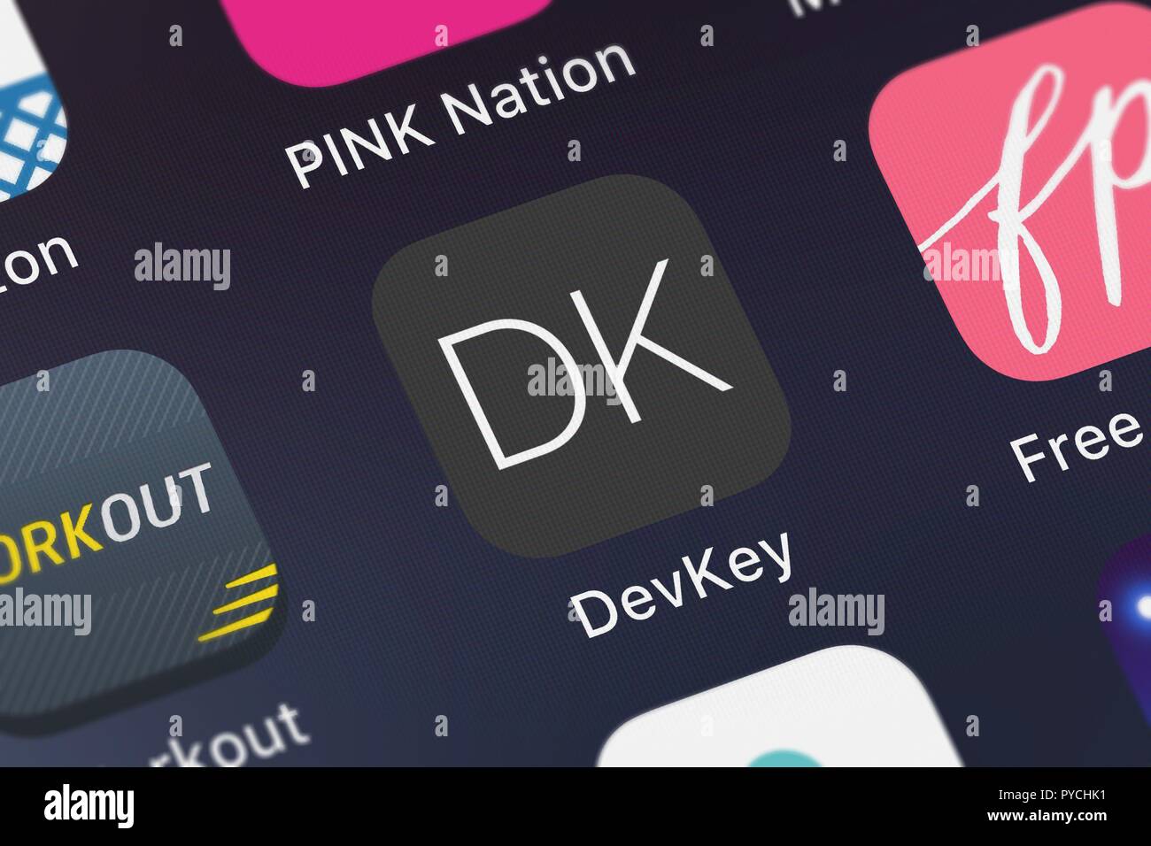 London, United Kingdom - October 26, 2018: Screenshot of the mobile app DevKey - Developer Keyboard for Programming from SmoothMobile, LLC. Stock Photo