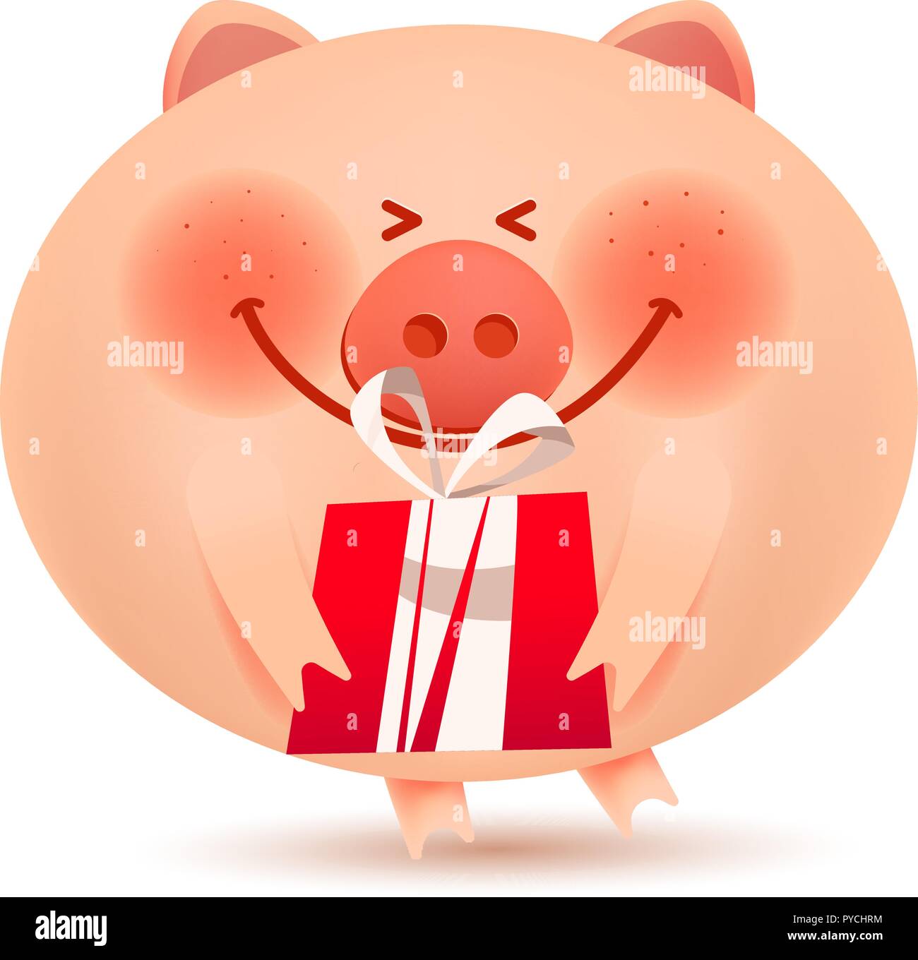 A cute little pig holds a gift.Happy New Year. Holiday greeting card. Isolated vector illustration. Stock Vector