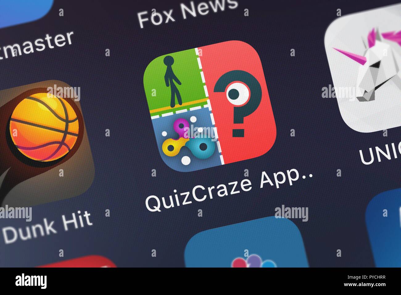 London United Kingdom October 26 2018 The Quizcraze App Logos Trivia Game Quiz Mobile App From Vzo Entertainment On An Iphone Screen Stock Photo Alamy