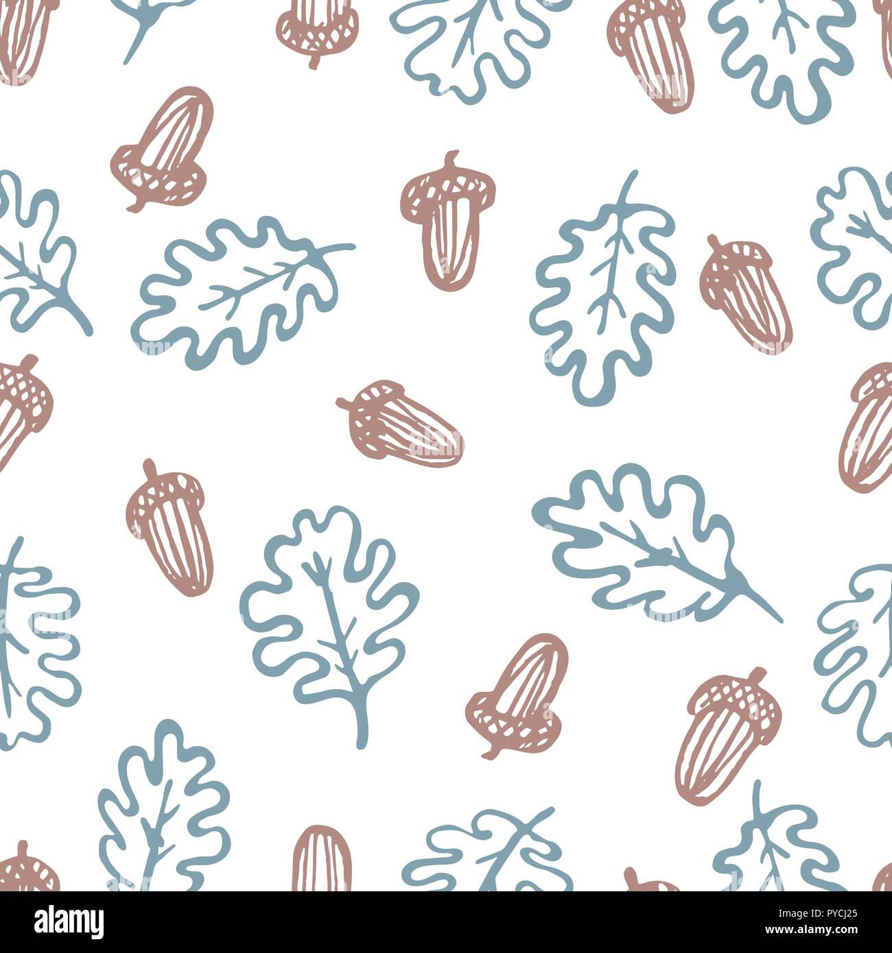Oak leaves and acorns seamless pattern. Hand drawn autumn symbols on ...