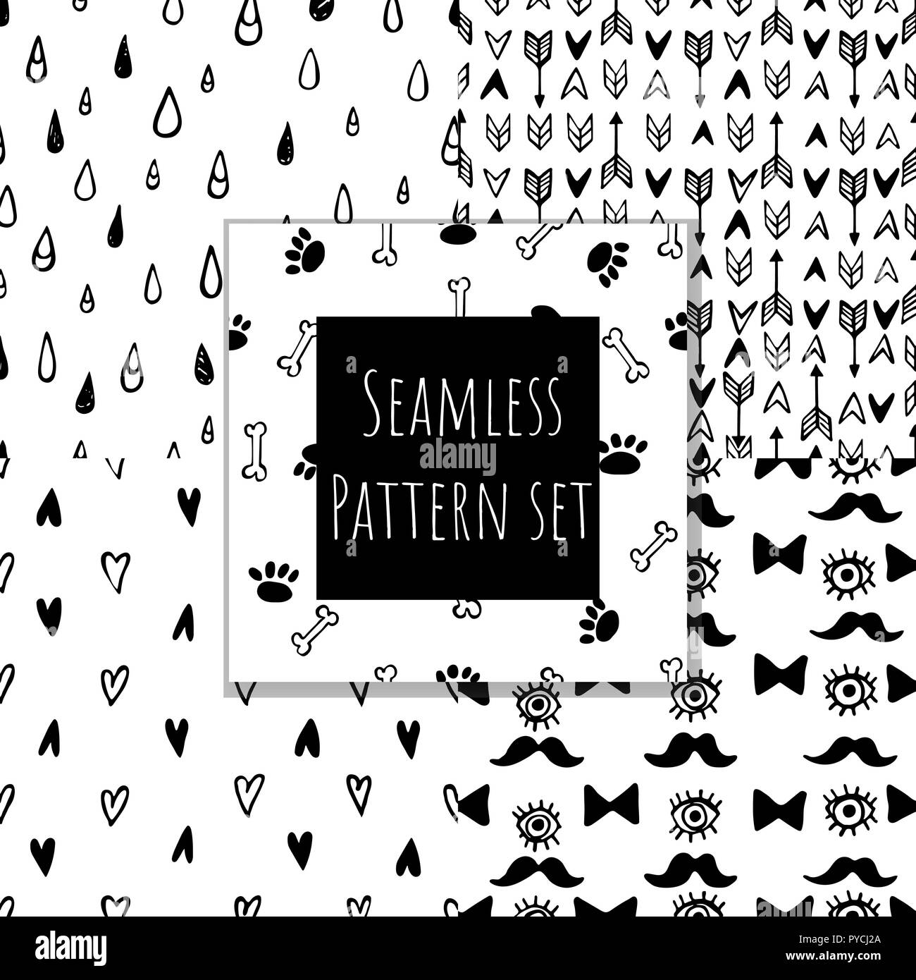 Monochrome seamless pattern collection. Hand drawn vector doodle backgrounds set. Stock Vector