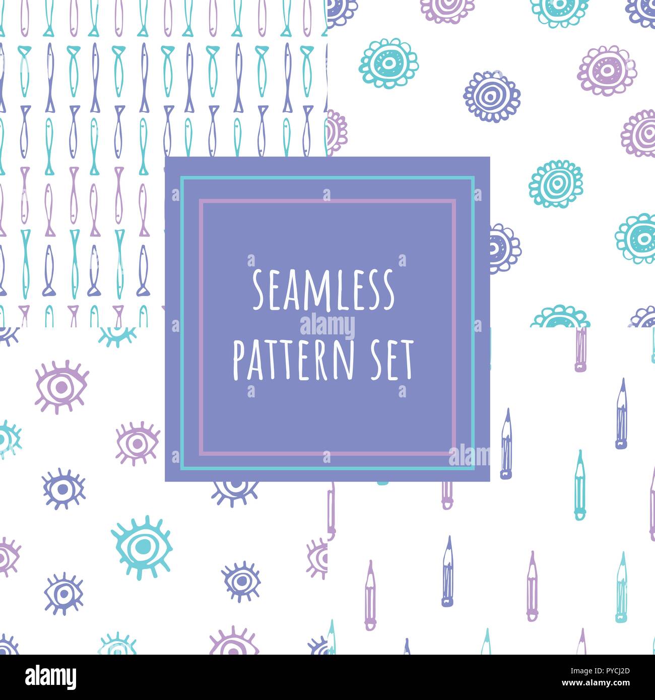 Hand drawn seamless pattern collection. Vector cute doodle backgrounds set. Stock Vector