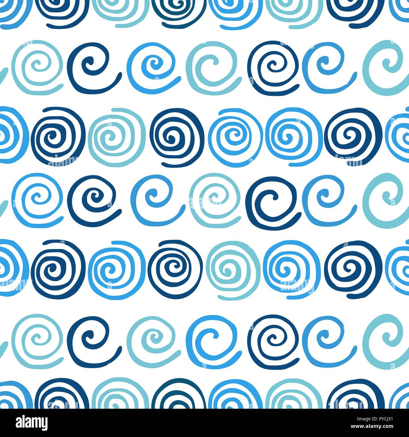 Blue summer waves seamless pattern. Sea water whirls on white background. Cute doodle pattern for your design. Stock Vector