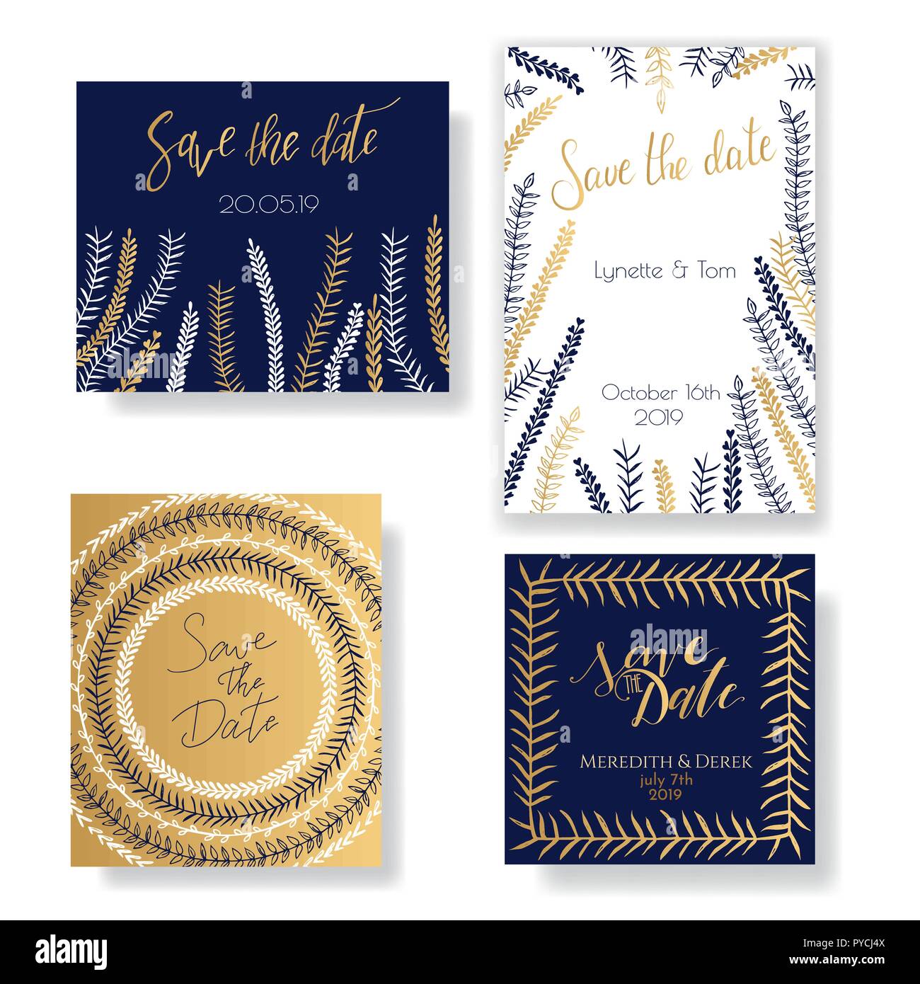 Golden, dark-blue and white invitation templates collection isolated on  background. Save the date cards with hand drawn decoration Stock Vector  Image & Art - Alamy