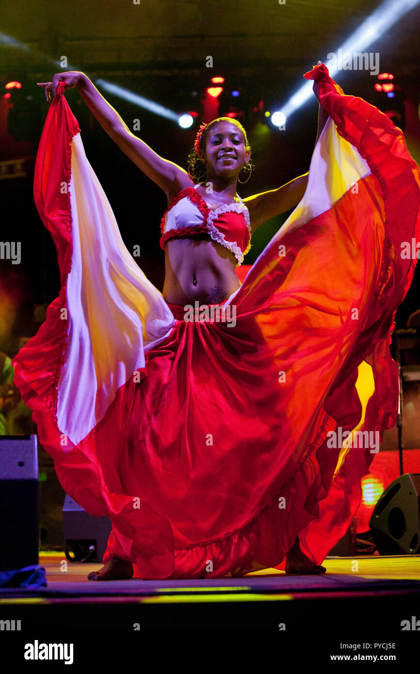 Sega dancers performing on closing night of the 2013 Kreol Festival, Mauritius. Stock Photo