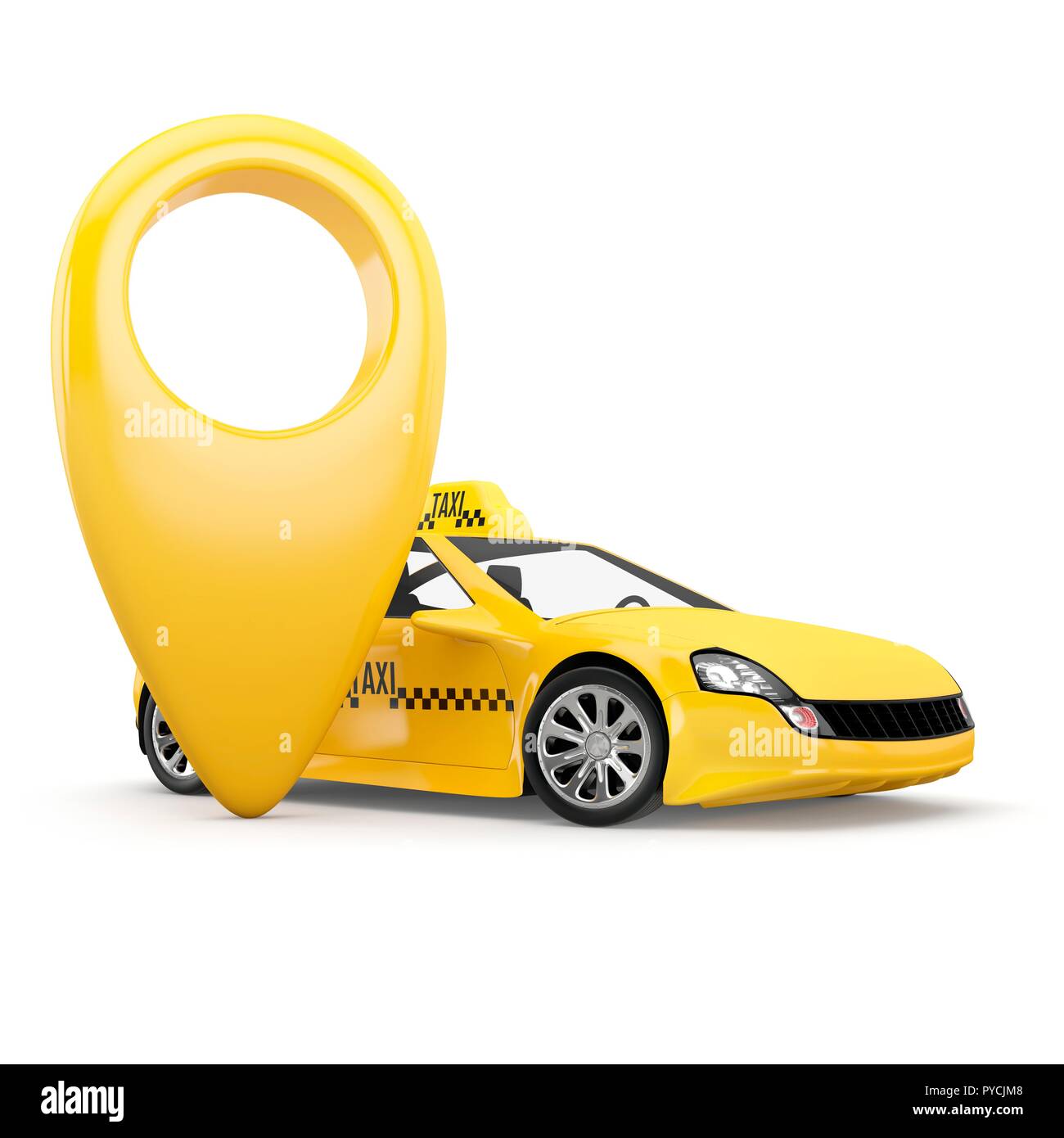 Navigation pin pointer and yellow taxi on white background, illustration. Stock Photo