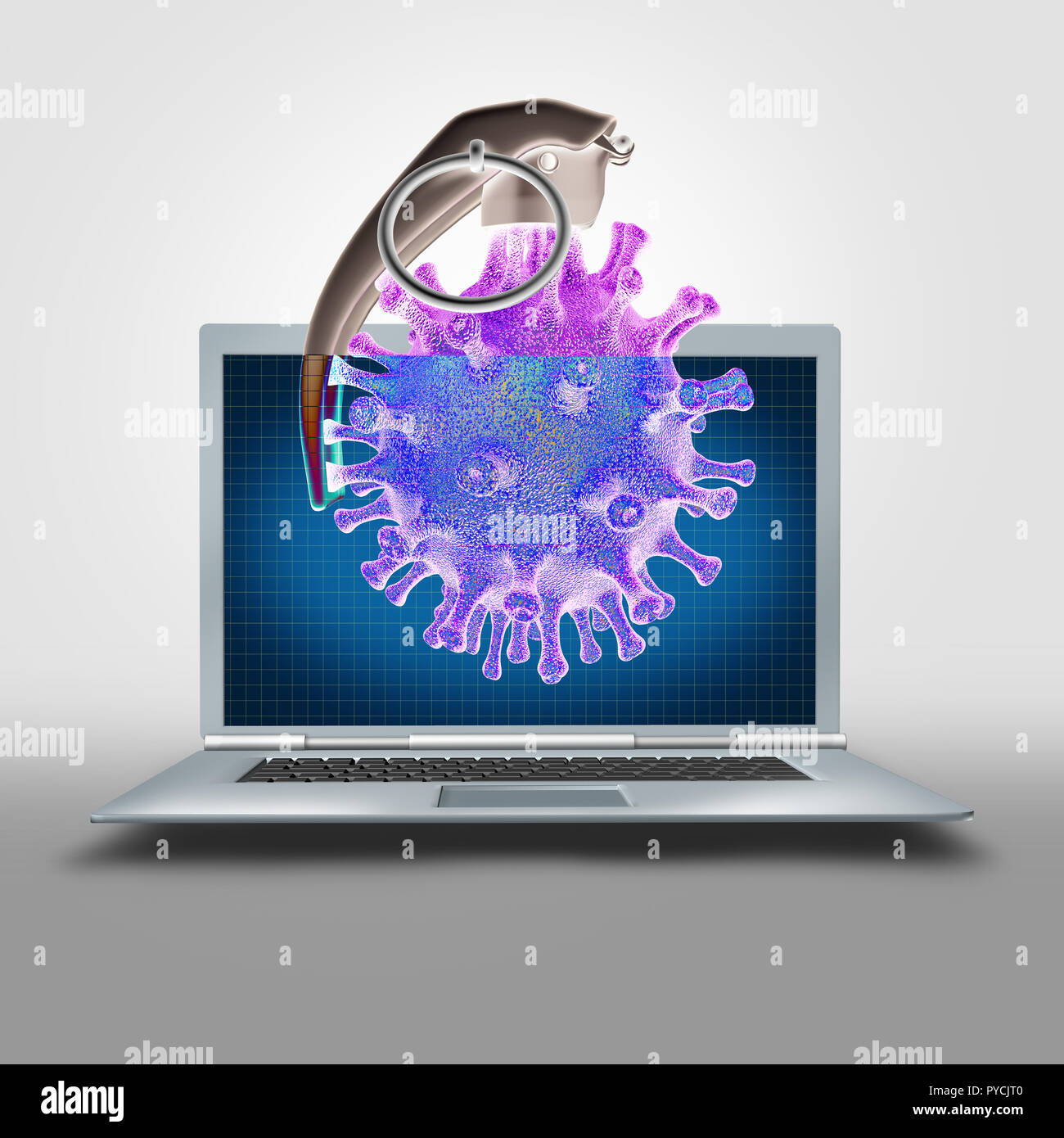 Logic bomb or computer virus symbol and malicious software or trojan horses and cyberwarfare icon on a laptop mobile device as a 3D illustration. Stock Photo