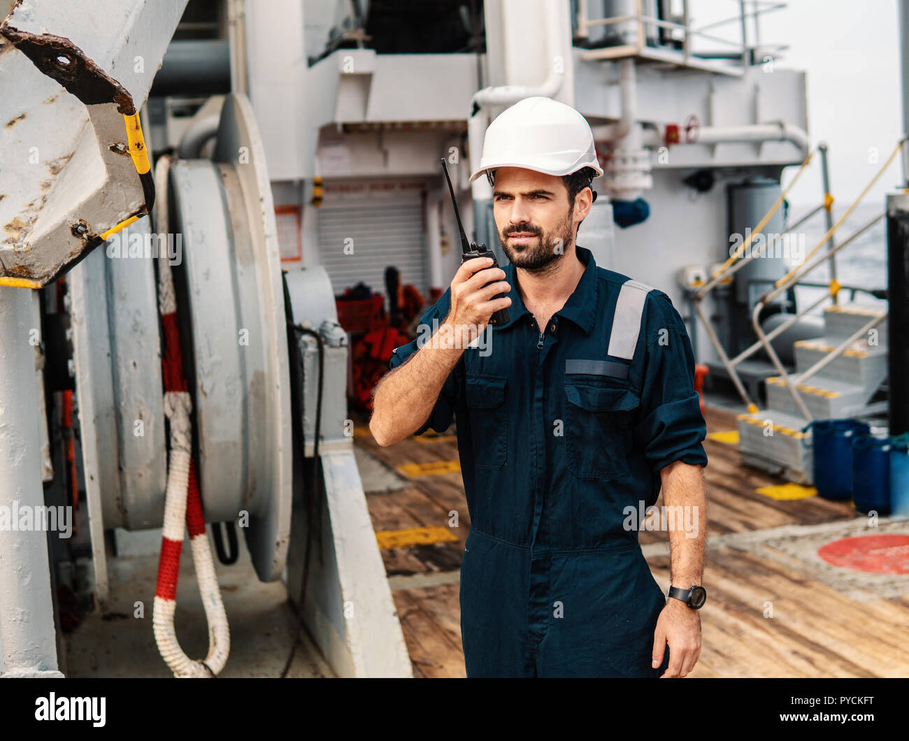 Marine Deck Officer or Chief mate on deck of vessel or ship Stock Photo -  Alamy