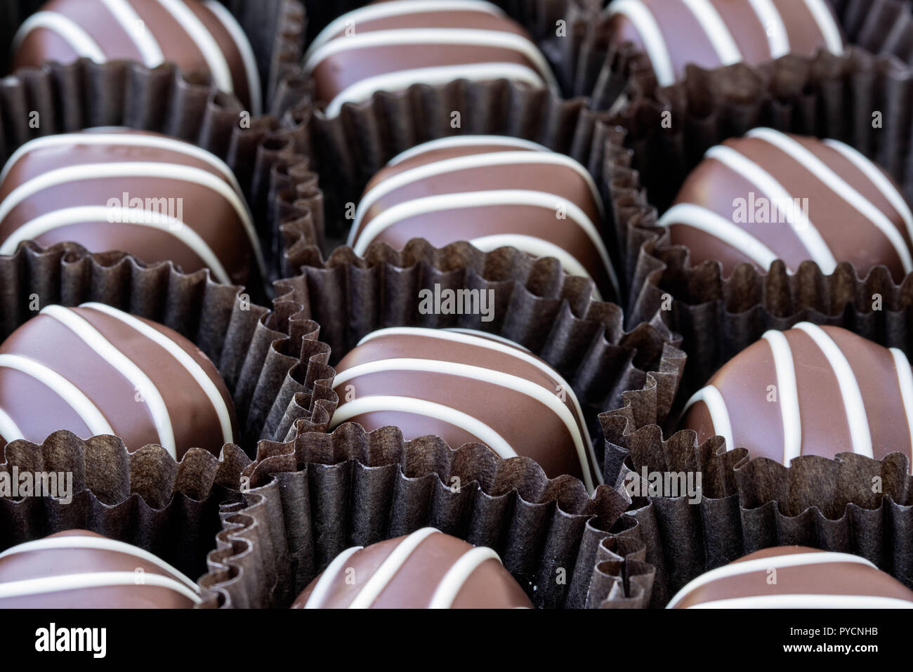 Rows of chocolate candy in a box Stock Photo Alamy