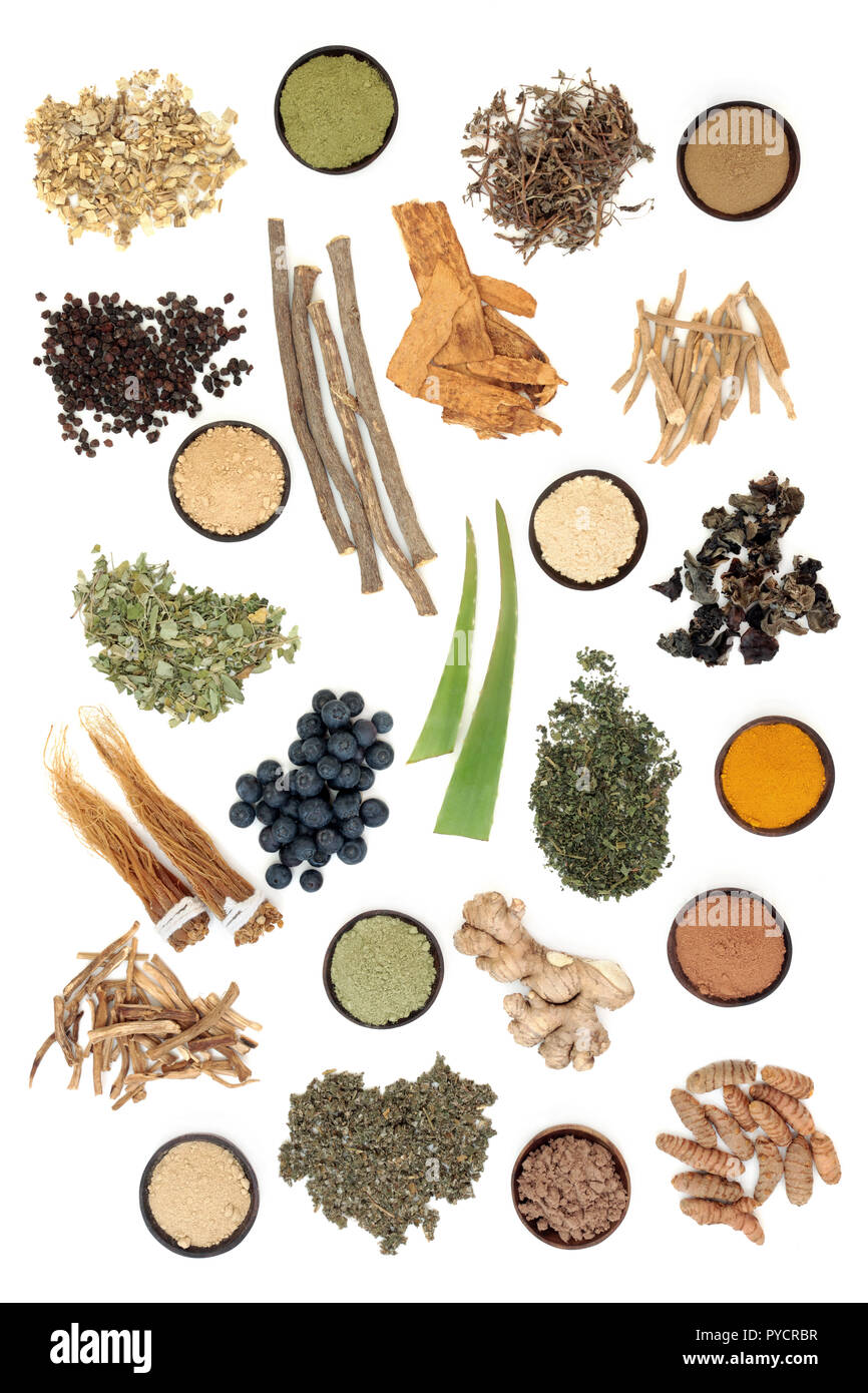 Adaptogen food selection with herbs, spices, fruit & supplement powders