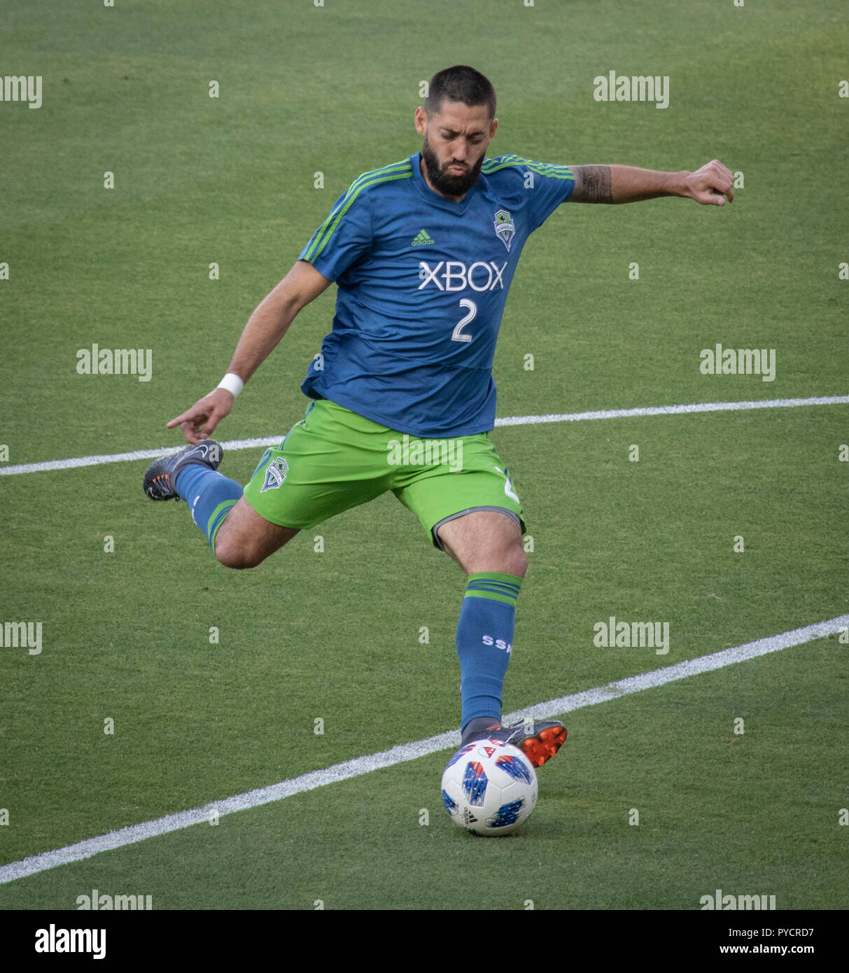 Seattle Sounder Forward Clint Dempsey with the strike Stock Photo