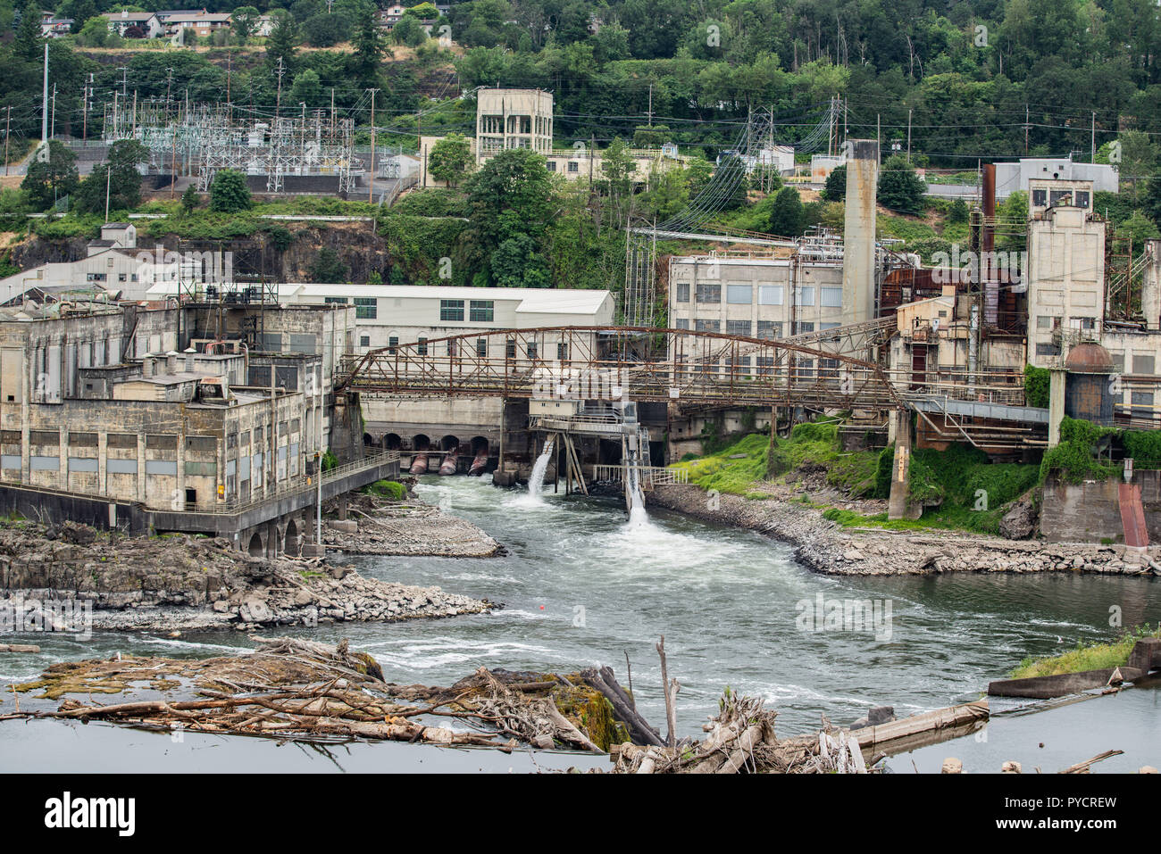 Abandoned paper mill factory on Willamette river in Oregon city Stock