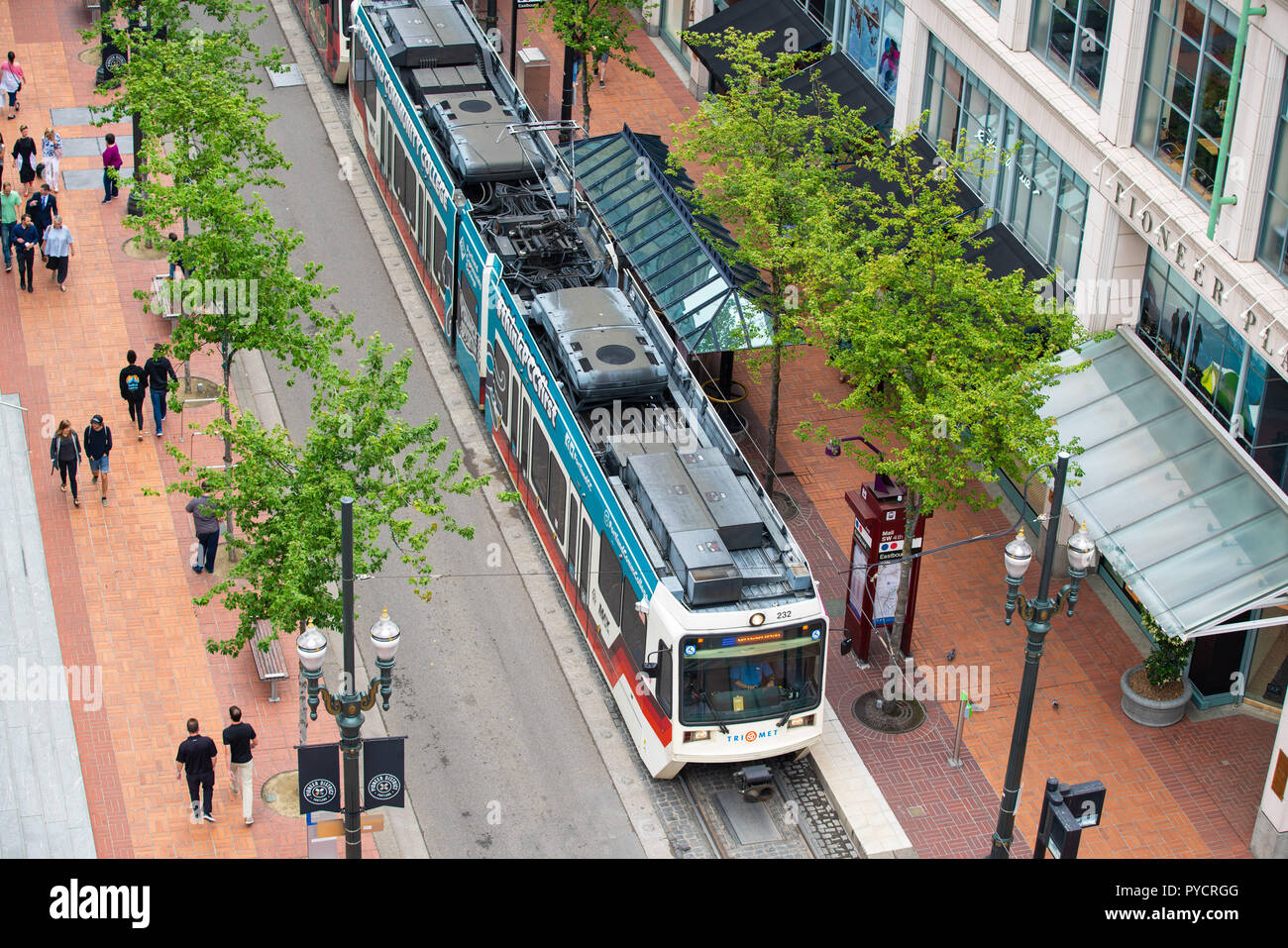 Portland, OR / USA July 21 2018 Trimet train arriving to the station in downtown Stock Photo