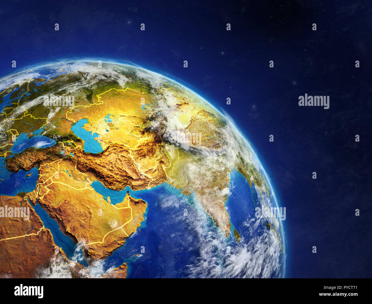 Asia from space. Planet Earth with country borders and extremely high ...