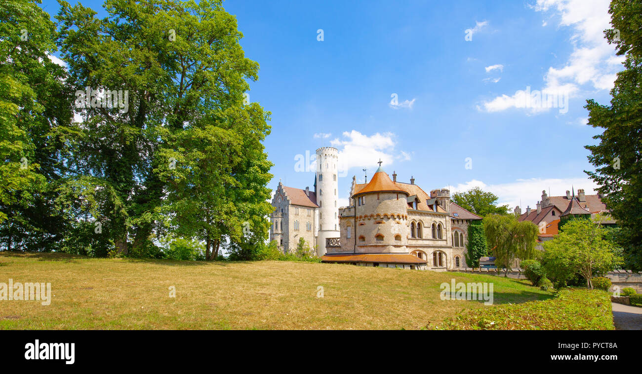 Lichtenstein Castle - Gothic Revival style and located in the Swabian Jura of southern Germany. Also known as fairy tale castle of Wurttemberg. Stock Photo