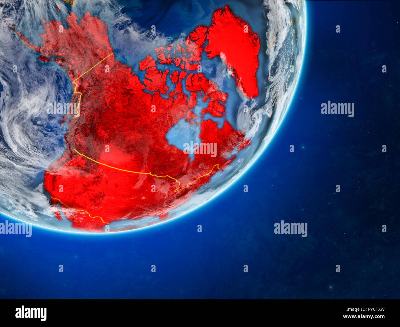 North America on model of planet Earth with country borders and very ...