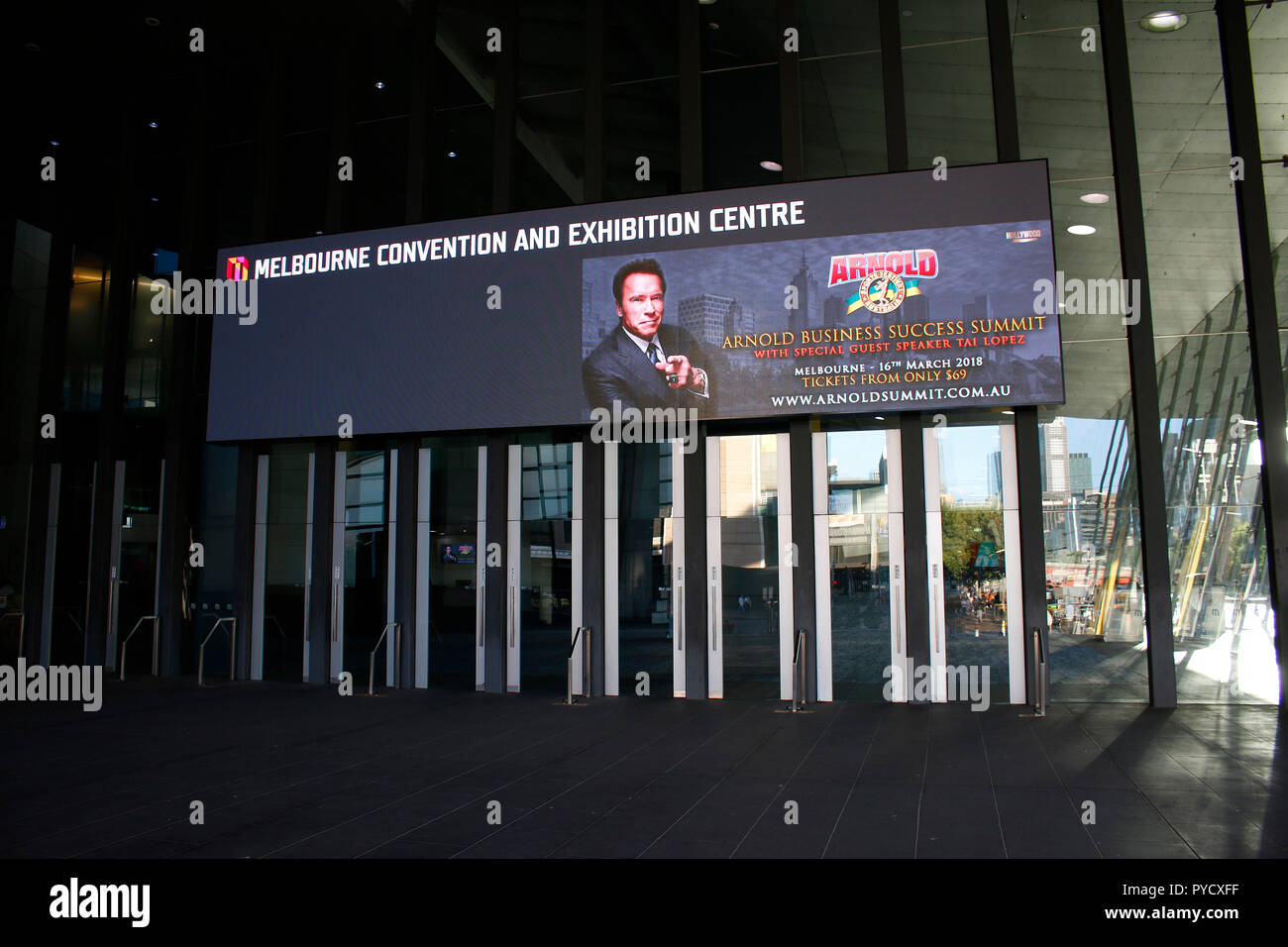 Werbung fuer eine Veranstakltung mit Arnold Schwarzenegger, Convention Center, Melbourne, Australia. Stock Photo
