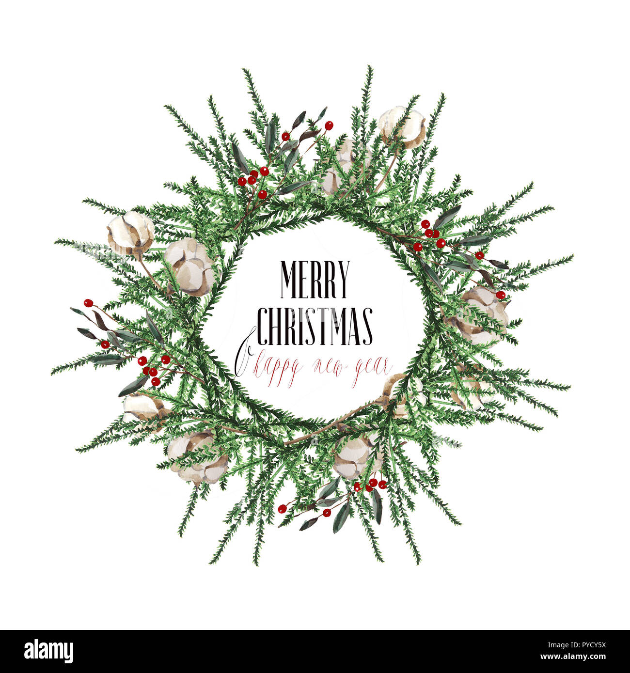 wallpapers Christmas Card Wreath https www alamy com merry christmas card wreath with pine branches and red berries cotton and pine cones round frame with socks gifts hand drawn watercolor image223404886 html