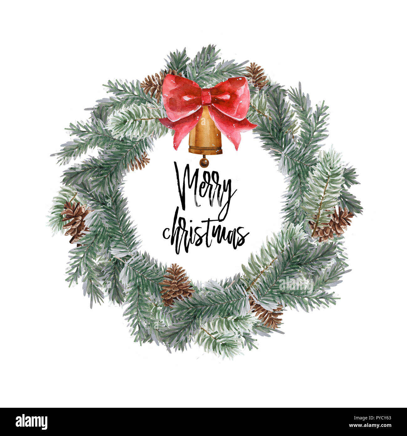 images Christmas Card Wreath https www alamy com merry christmas card wreath with pine branches and red berries cotton and pine cones round frame with socks gifts hand drawn watercolor image223404891 html
