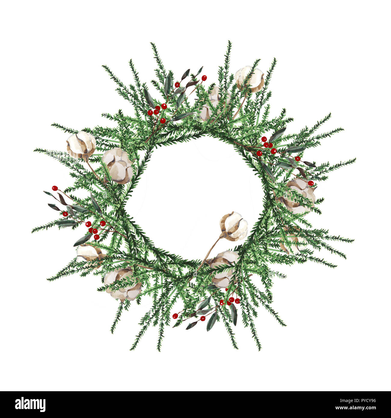 Wreath with pine branches and red berries, cotton and pine cones. Round ...