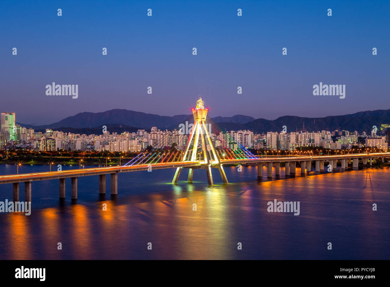 night view of olympic river bridge in seoul, korea Stock Photo