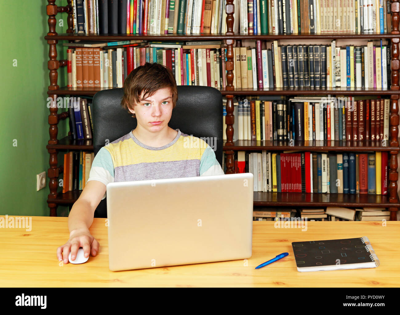Teenage boy at desk with notebook computer in library Stock Photo - Alamy