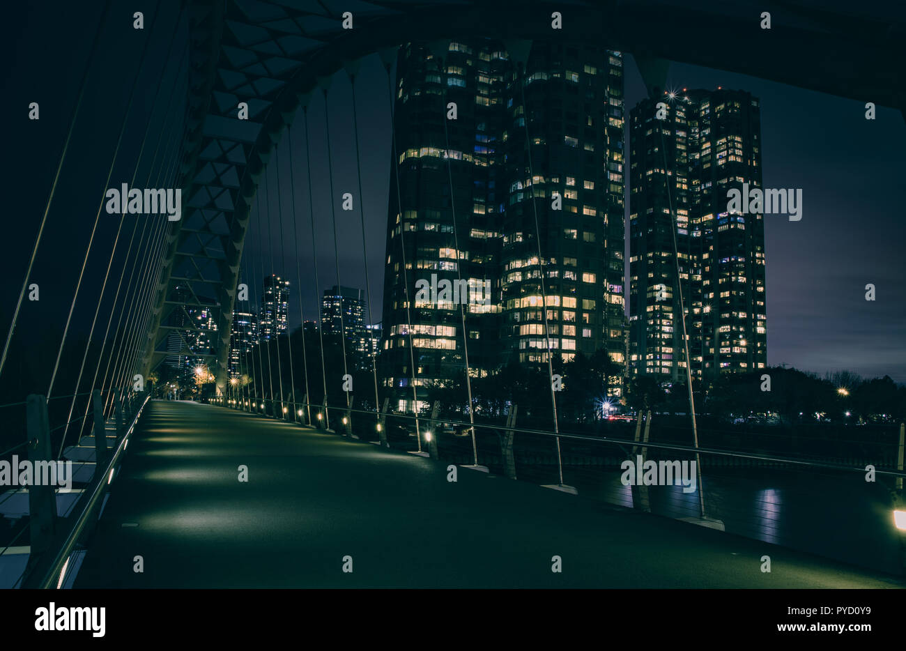 New architecture with modern shapes from Humber Bay bridge in Toronto, Canada - long exposure after dark Stock Photo