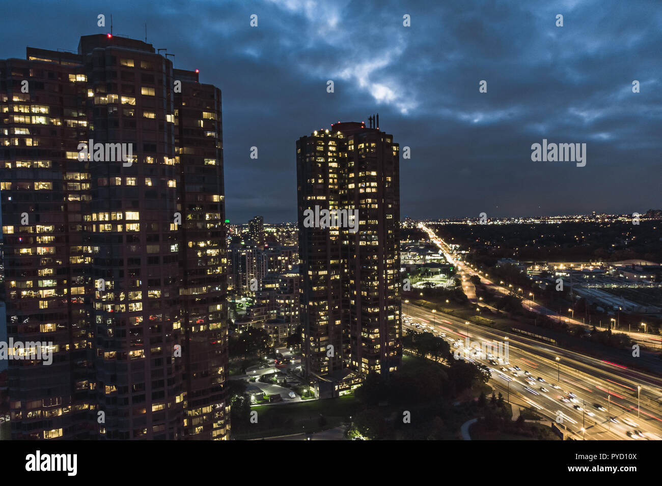Aerial view of tall buildings on Lakeshore Boulevard, Toronto - long exposure from drone Stock Photo