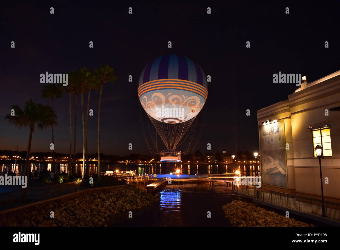 Orlando, Florida. October 03, 2018 Palms Trees , Air balloon and Italian Restaurant at Lake Buena Vista. Travel Postcard. Stock Photo