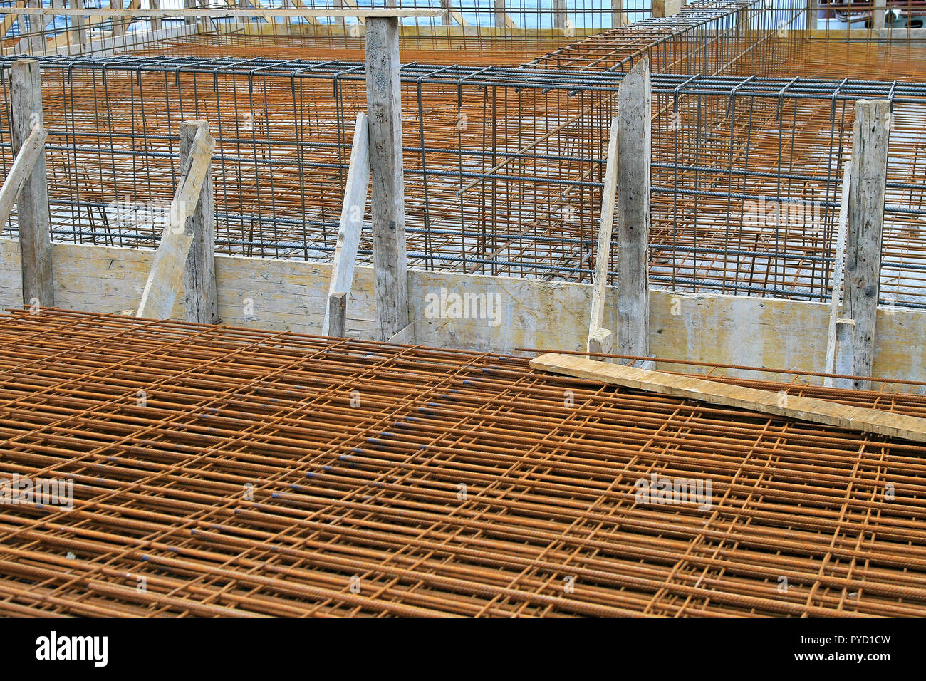 Rebar reinforcement steel net structure at building construction site ...
