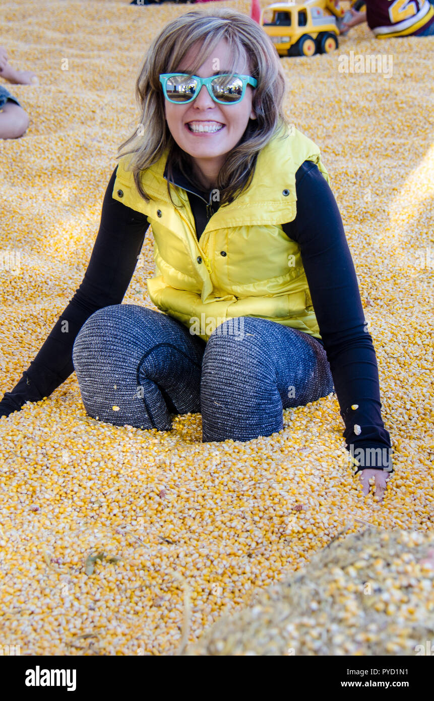 Adult female sits down in a corn pit with yellow corn kernels Stock