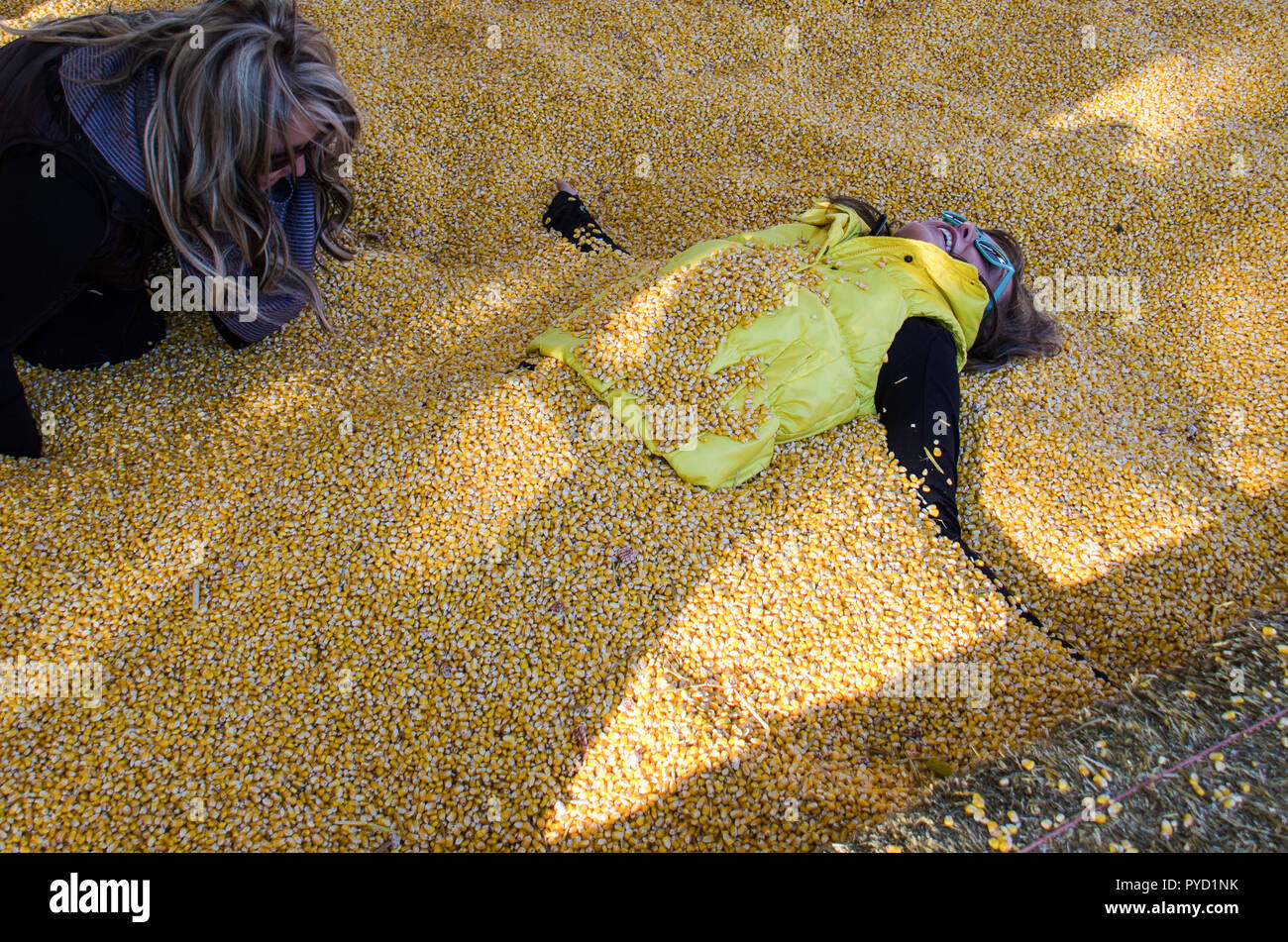 An adult female gets buried by another female friend in corn kernels in